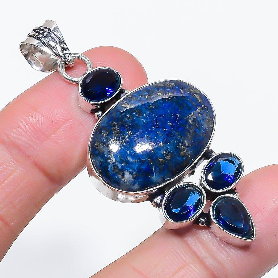 Natural Lapis Lazuli, Topaz 925 Sterling Silver Jewelry Pendant 2.29" W2u31