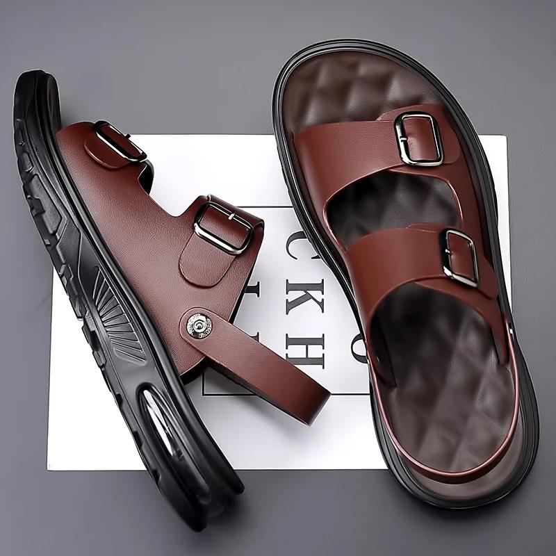 Summer Men's Genuine Leather Sandals Fashion Casual Non slip Large Hollow Breathable Sandals Men's Beach Shoes Hole Shoes