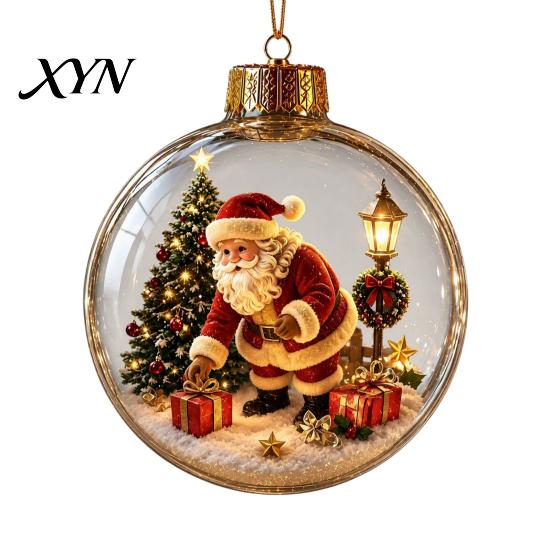 Glass Style Acrylic Sphere Baubles Christmas Glowing Decorative Ball, Lighted Ornament with Festive Scene, LED Holiday Light Balls Tree Hanging Decor
