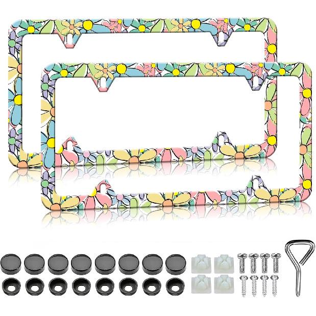 HCSS Blue Hibiscus Flower License Plate Frames - 2 Pack Tropical Hawaii Floral License Plate Holder, Aluminum Metal Rust-Proof Waterproof Car