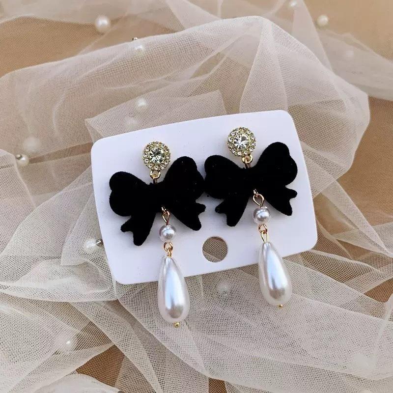 Retro Red Flocked Bow Pearl Earrings with Full Diamond Shine - Elegant New Year Fashion