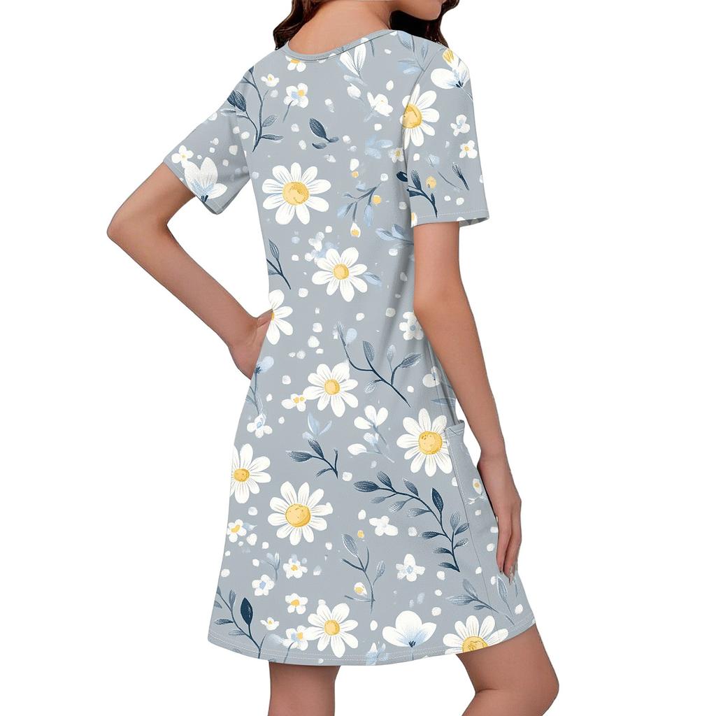 Women's Casual And Fashionable V-neck Short Sleeve Printing Mid Length Dress