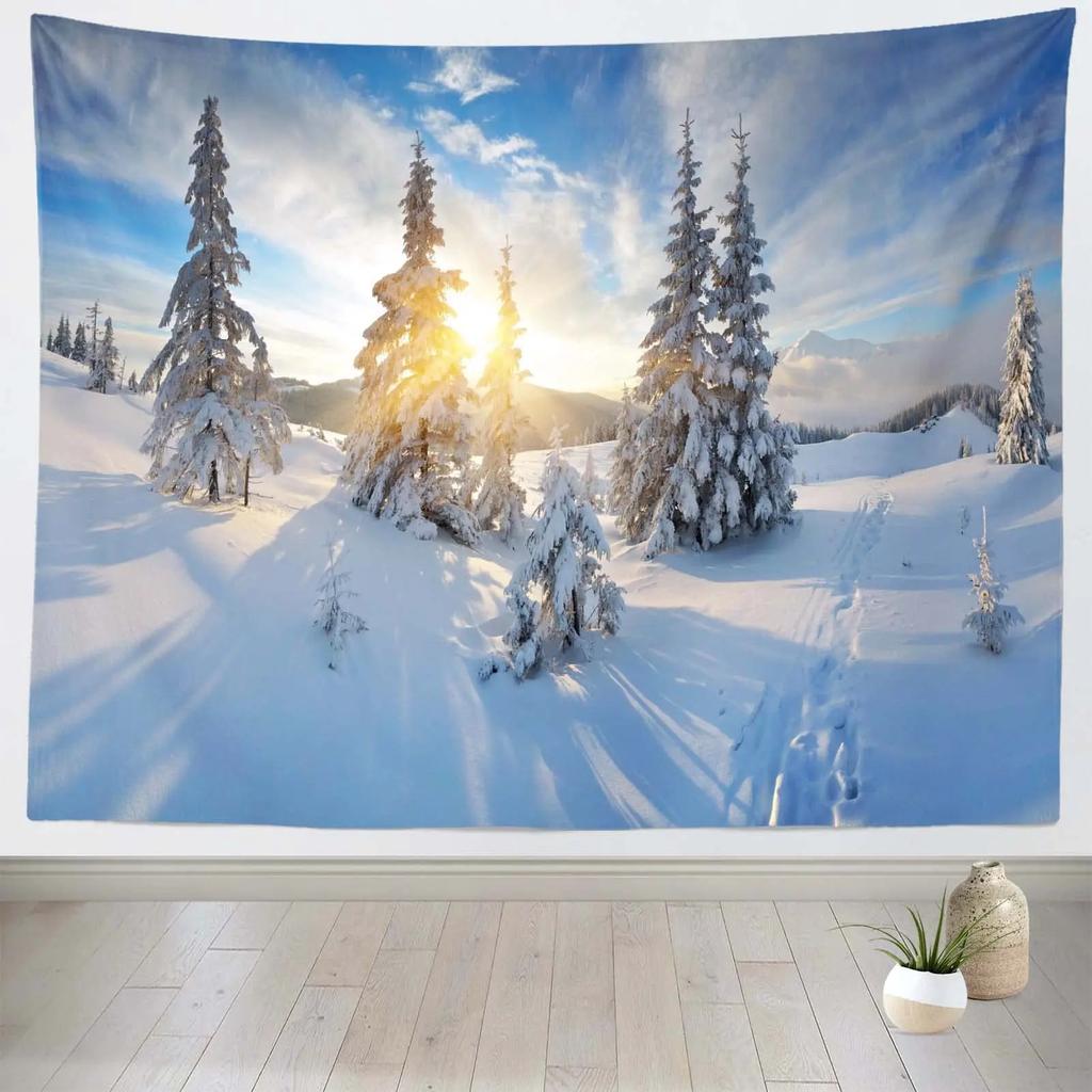 Christmas Tapestry Wall Hanging Nature Winter White Forest Snow Wall Tapestry Art for Party Living Room Bedroom Dorm Home Decor