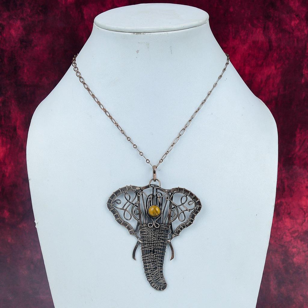 Tiger's Eye Gemstone Pendant Copper Wire Wrapped Decent Jewelry Elephant Pendant