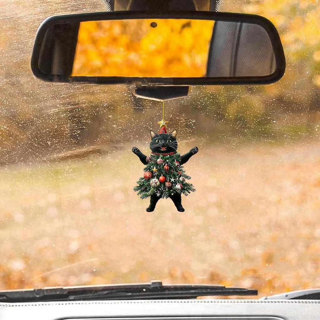 Cat Christmas Ornament 2D Flat Acrylic Festival Tree Kitten Pendant Car Rearview Pendant Decoration Car and Bag Cat Decor