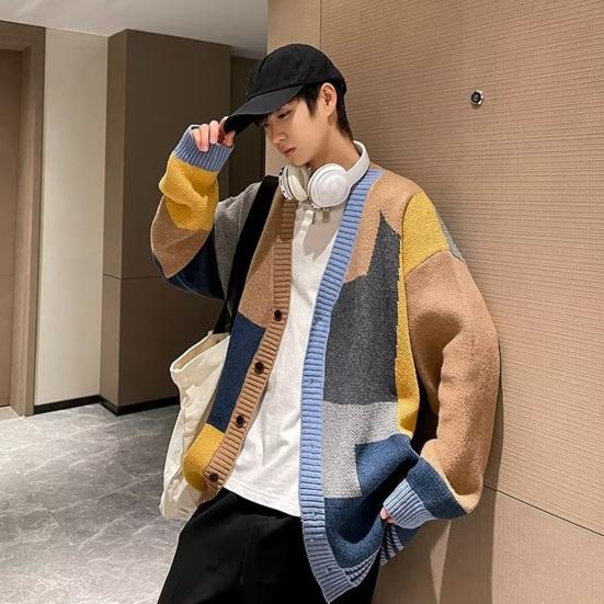 Hommes Automne Hiver Pull Manteau Cardigan Tricoté Épais Colorblock Manches Longues Simple Boutonnage Mi-Longueur Col en V Chaud Patchwork Men Sweater