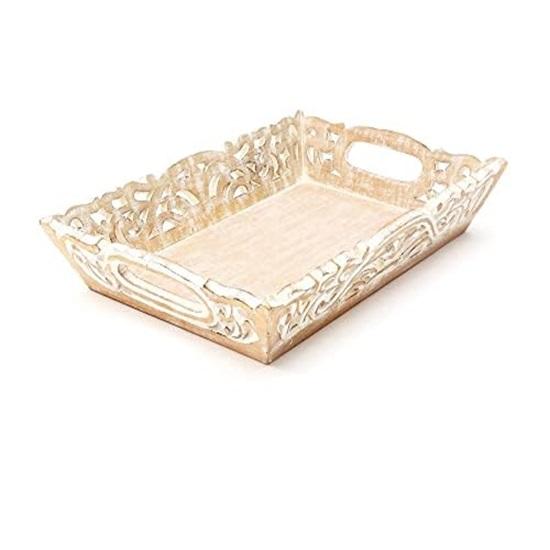 Set of 2 Andal Carved Serving Tray Mango Wood, MDF with White Wash Finish