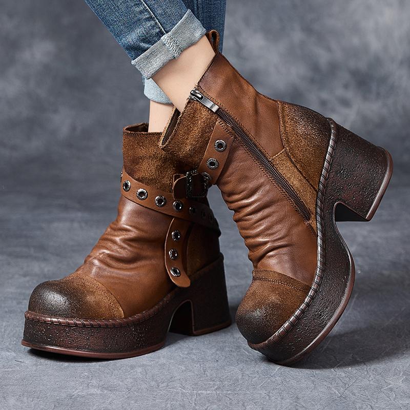 Women Motorcycle Boots Genuine Leather  New Zip Round Toe Women Shoes Sewing Handmade Retro Ankle Platform Boots