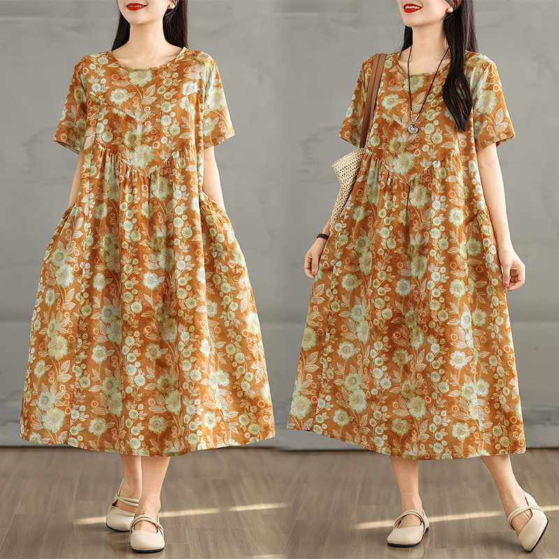 Summer Retro Cotton and Linen Round Neck Short Sleeved Dress, Women's Loose Skirt