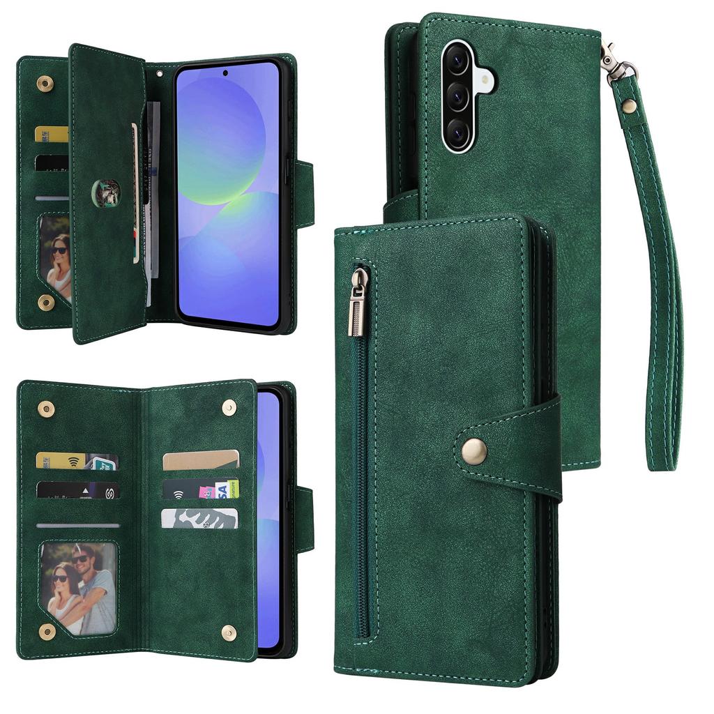 For Samsung Galaxy A37 5G Case Zipper Wallet Rivet Decor Leather Phone Cover with Wrist Strap