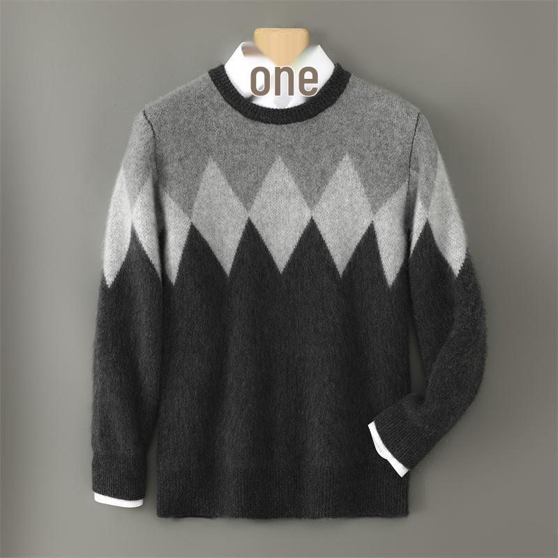 Men s 100% Pure Wool Thickened Round Neck Sweater - Diamond Pattern XXXL
