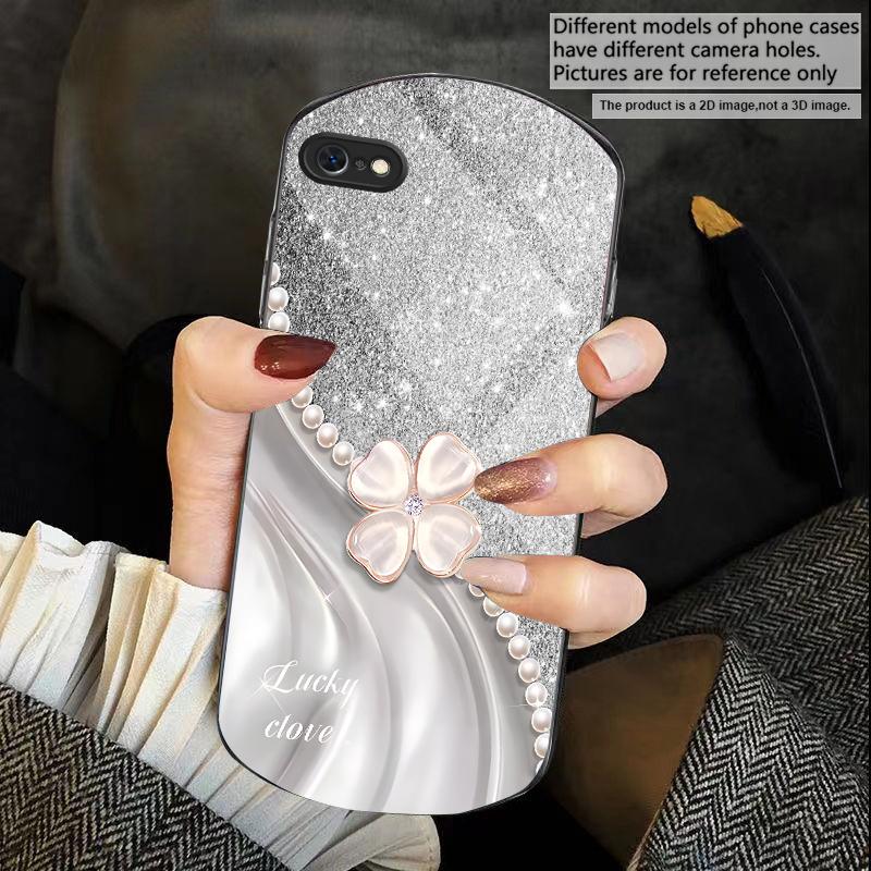 Pink Four-leaf Clovers For iPhone 17 16 15 14 Pro 13 Plus 12 Mini 11 Pro Max XR X S 7 8 6 Elliptical Tempered Glass Phone Case