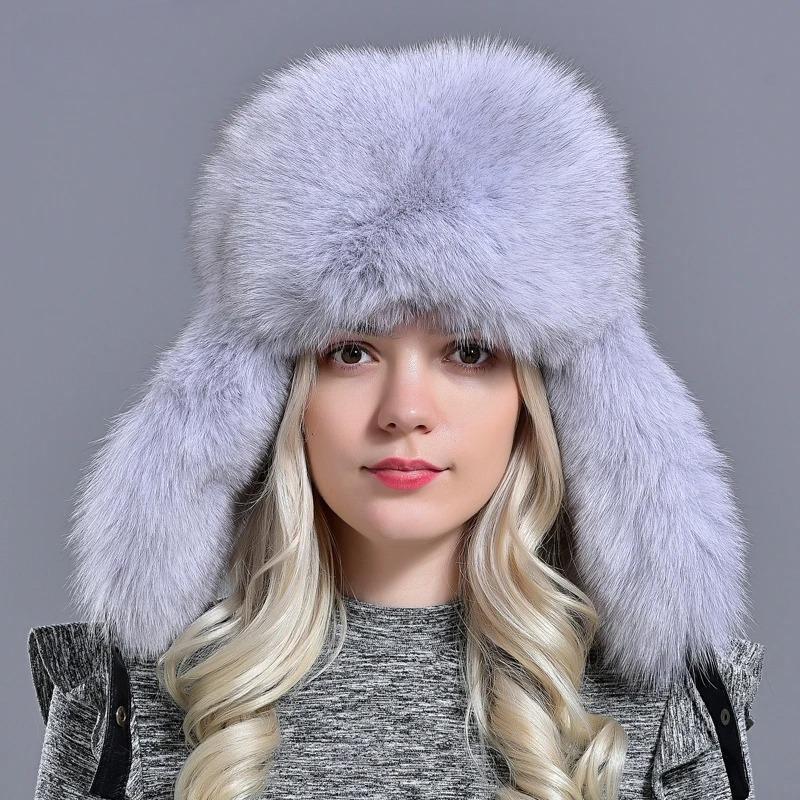 Winter Hats Earflaps Women Bomber Hats Natural Fox Fur Fluffy Female Girls Warm Sheepskin Windproof Russian Trapper Hats