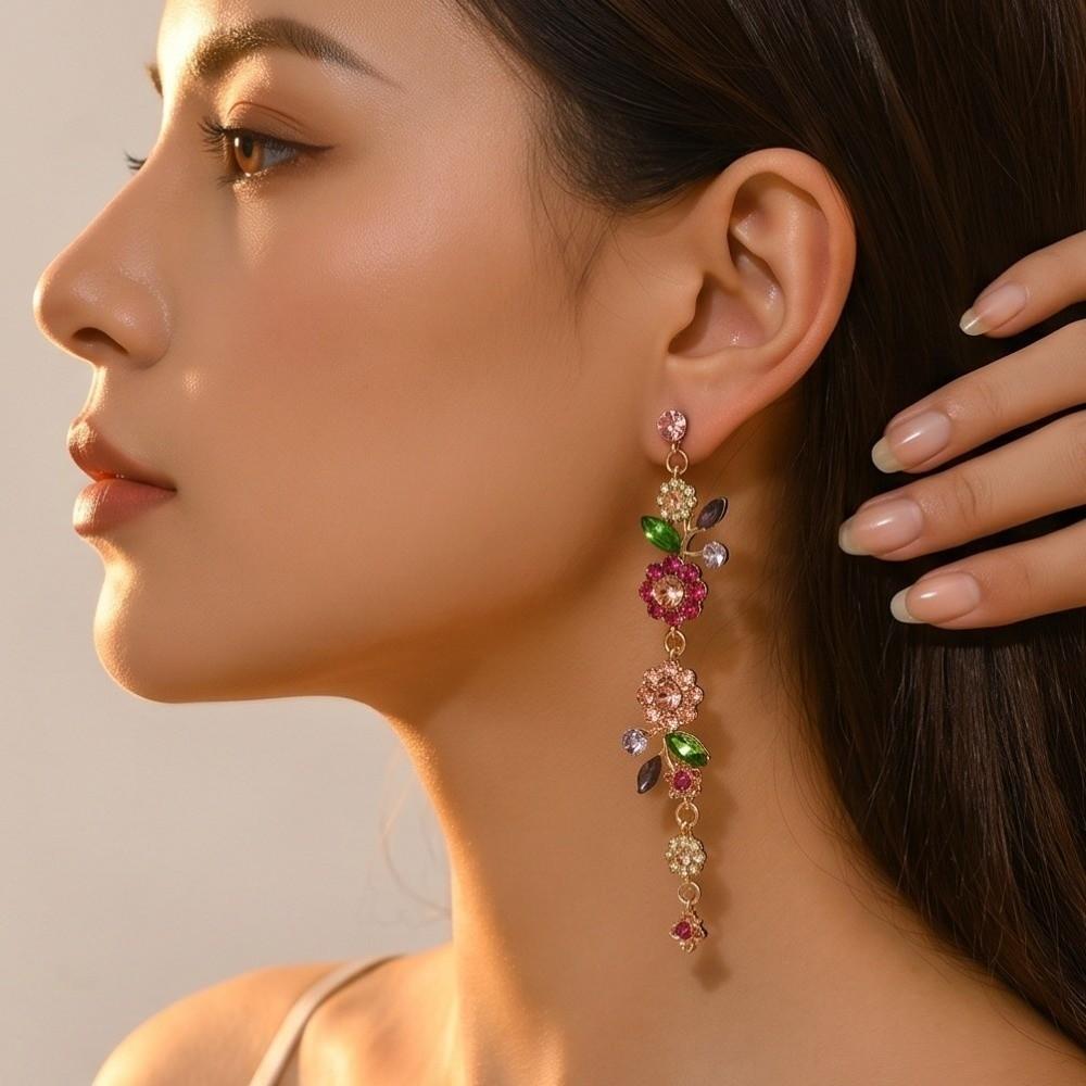1 Pair Long Flower Drop Earrings Embellished Dangle Earrings  All Seasons Compatible