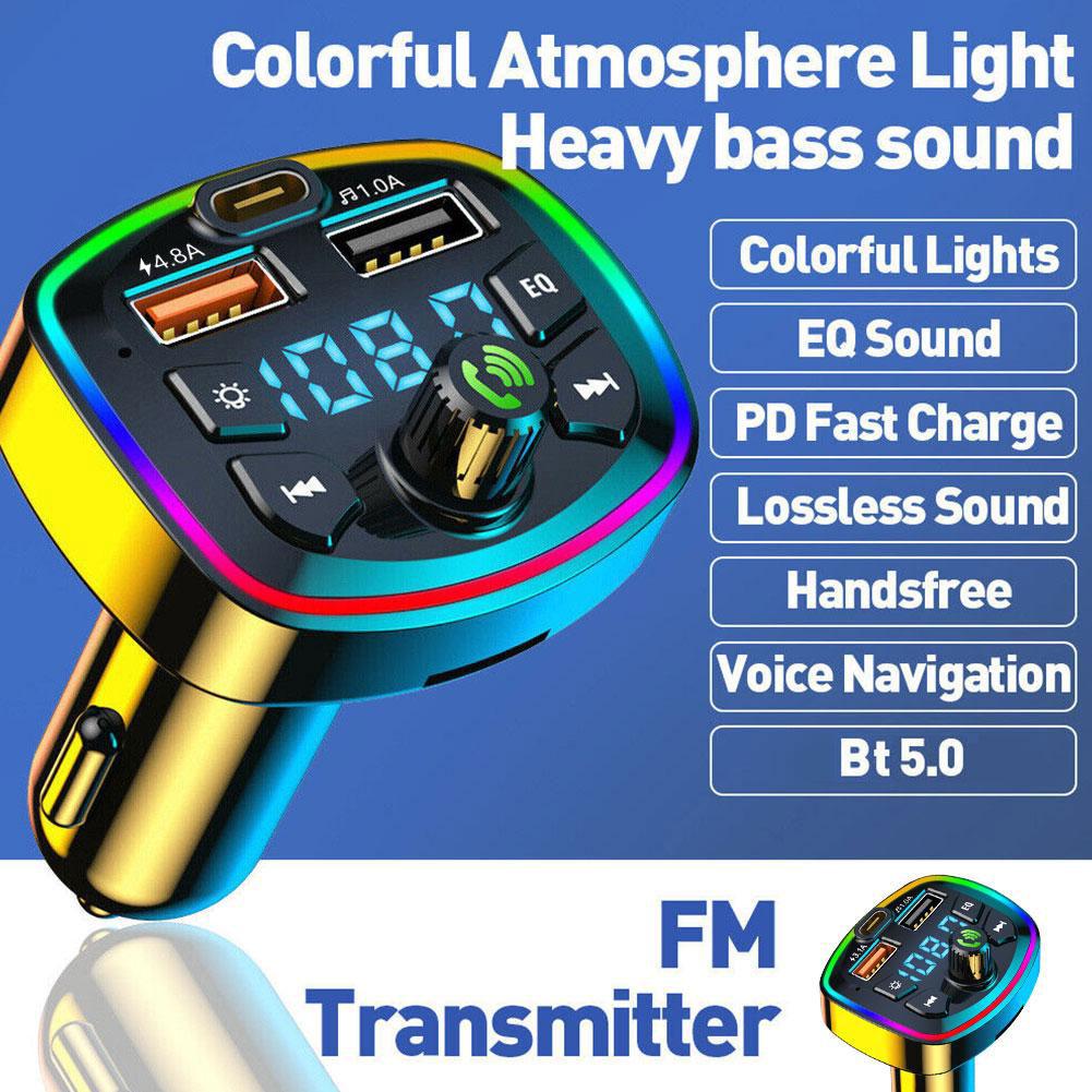 Car Charger FM Transmitter Bluetooth5.0 Hands Free True 4.8A Dual USB Port PD FastCharging MP3 Music TF Card U Disk AUX Player
