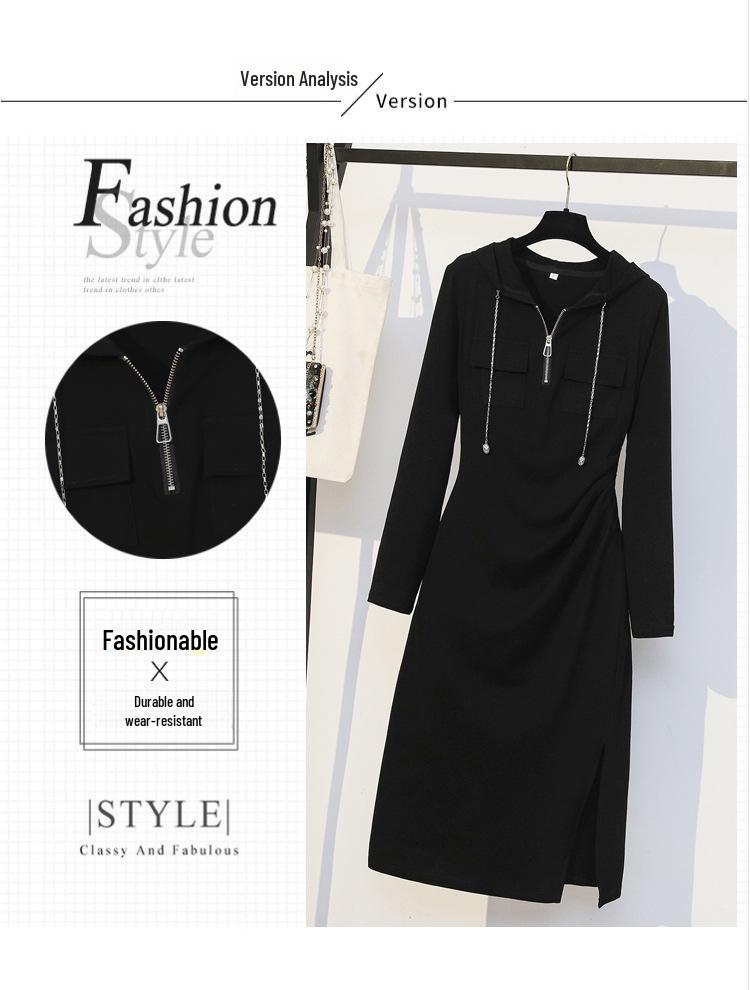 2023 Autumn Hooded Zipper Slit Dress for Women - Large Size, Slimming, Belly-Covering, Age-Reducing Style