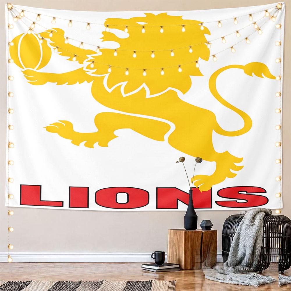 Yellow Lion Emblem with Rugby Ball Pattern Wall Hanging Tapestry Decorative Tapestry Home Decor for Bedroom and Living Room