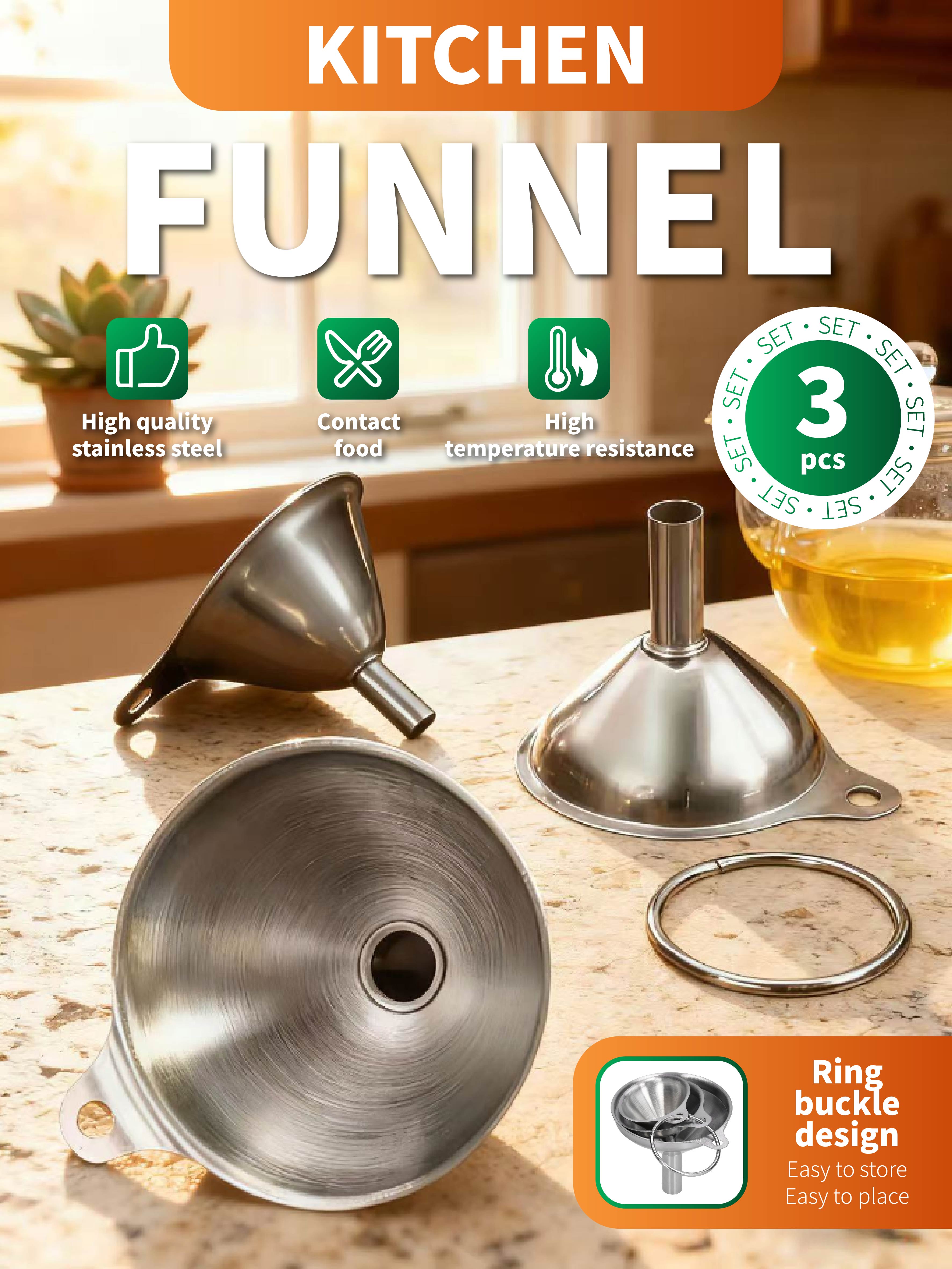 

3PCS Stainless Steel Kitchen Funnel Set - Heat-Resistant Food-Grade Funnels with Ring Buckle Storage Design