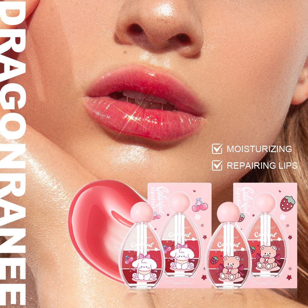 Six-color Strawberry Mirror Jelly Lipstick Palette Juicy Pink Solid Lip Gloss Set Moisturizing Lip Oil Tint with Silicone Brush