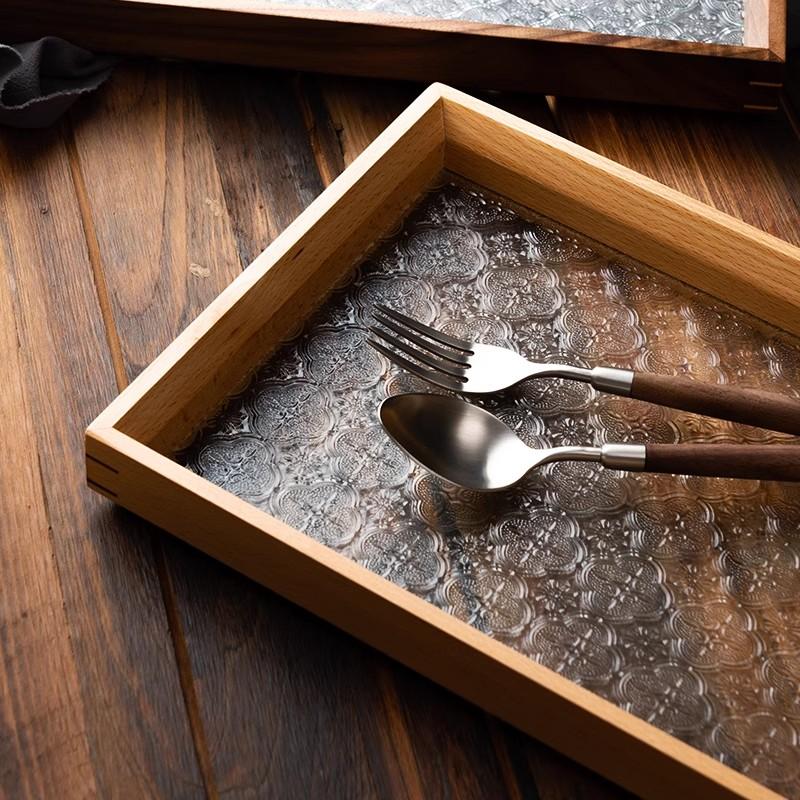Vintage Holz Serviertablett mit verstärktem Glas, Rechteckiges Dekoratives Tablett für Wohnzimmer, Couchtisch, Kerzenpräsentation