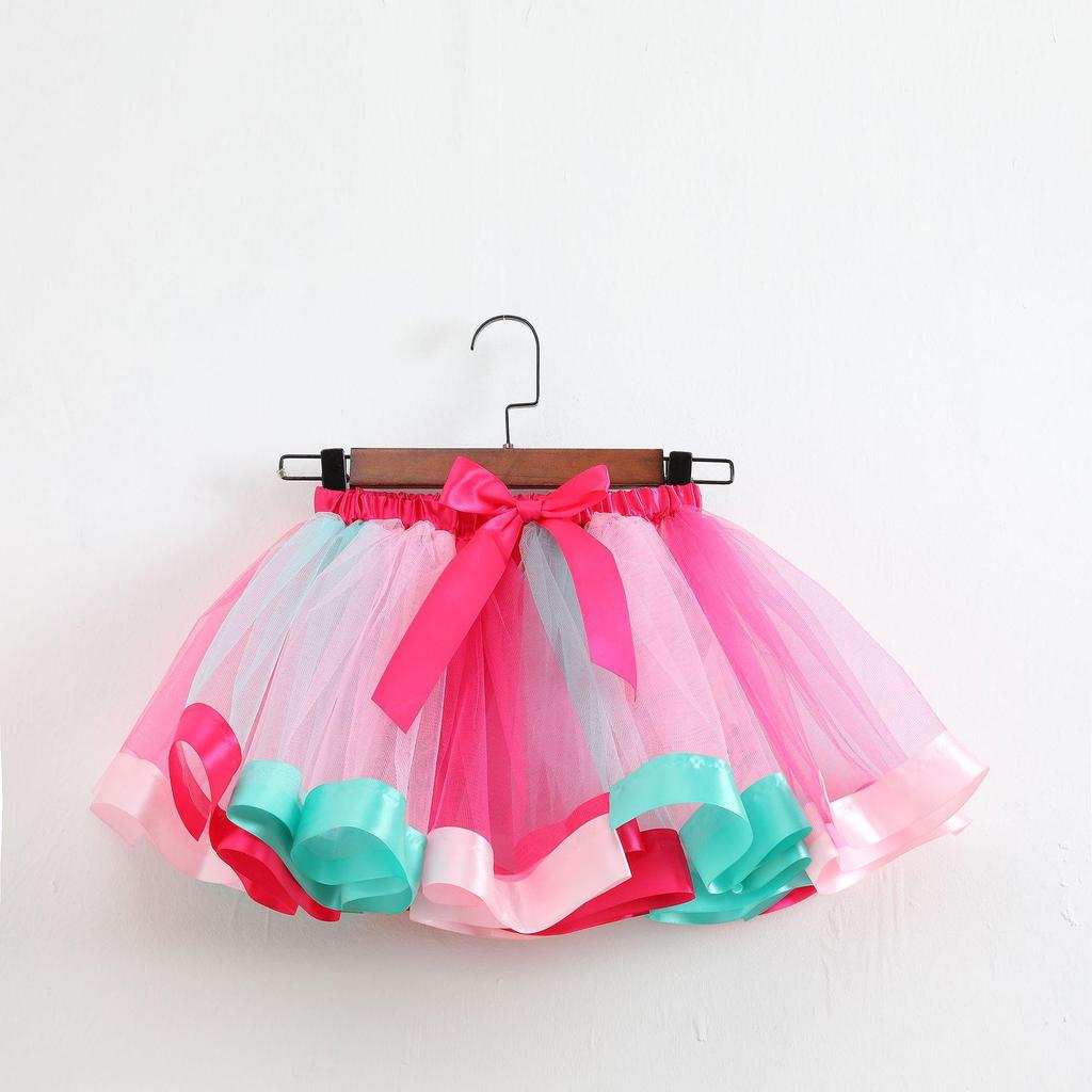 2026 Kids' European & American Rainbow Mesh Dance Tutu Skirt - Lined Half Skirt for Girls