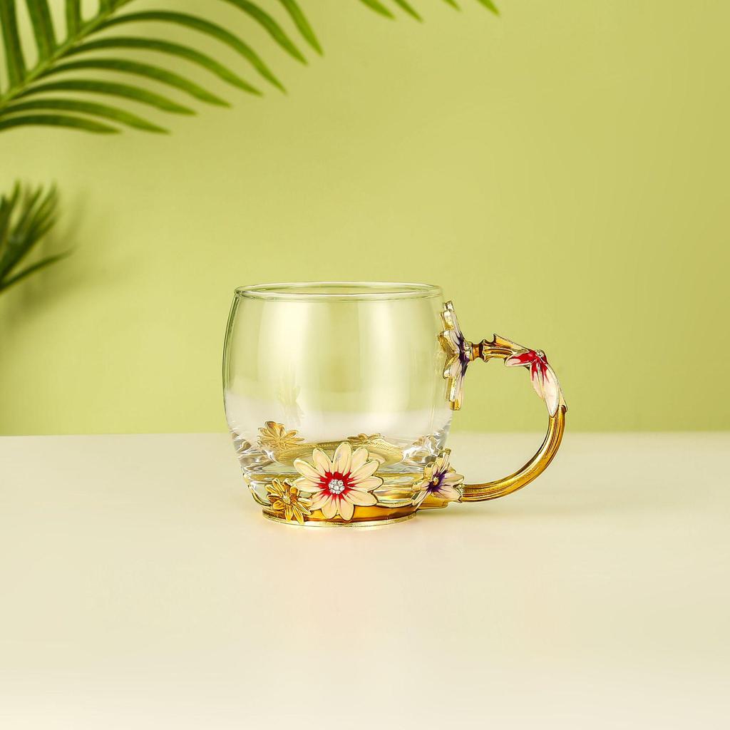 Daisy Enamel Flower Tea Cup - Heat-Resistant Crystal Glass for Home, Office, or Festival Gift