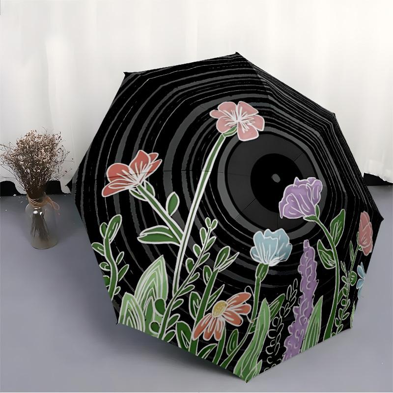 1pc Vinyl Record Flowers Automatic Open/Close Umbrella, Umbrella with Cartoon Design, Portable Compact Umbrella for Men & Women, Good Holida