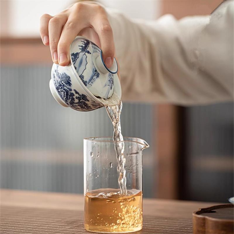 Jingdezhen Blue and White Porcelain Covered Bowl, Large Kung Fu Ceramic Tea Bowl, San Cai Gaiwan Handheld Bowl