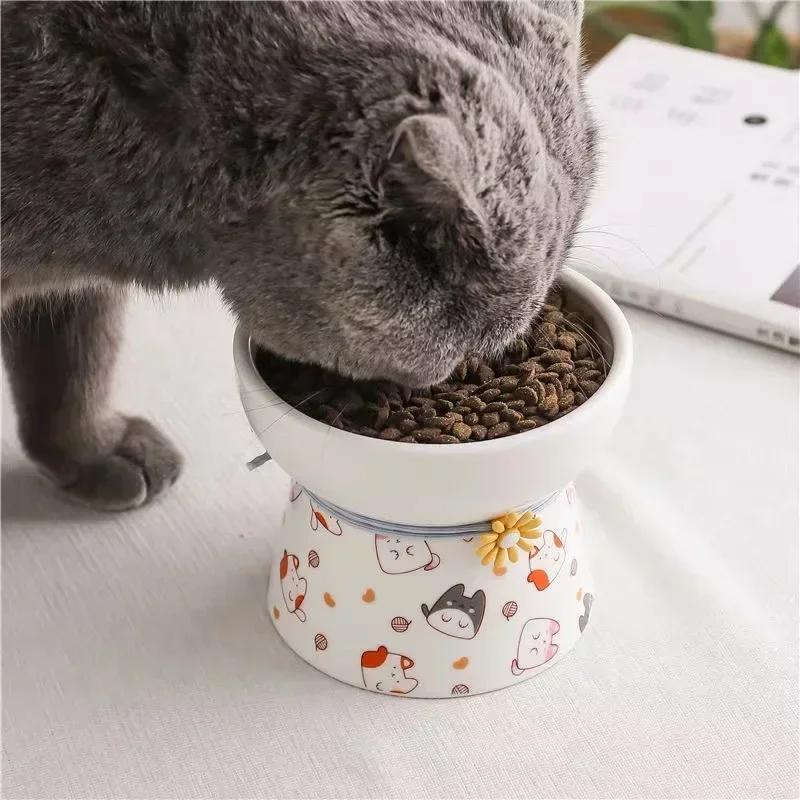 Pet Ceramic Basin Cat Basin Cat Bowl High Feet Cute Cat Food Bowl Puppy Bowl with Placemat Anti-tip Drinking Bowl