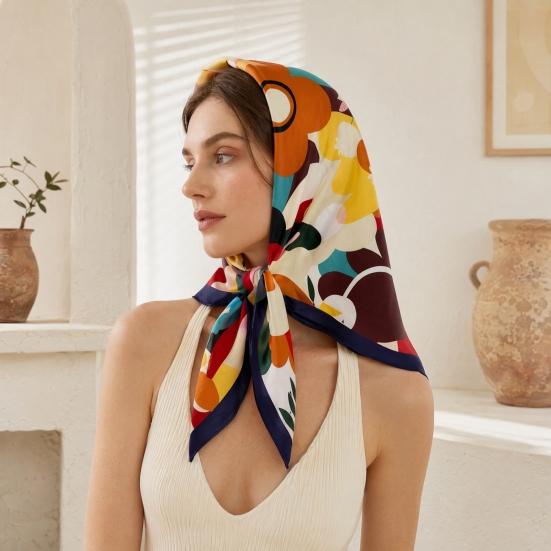 yangyizhi Large Square Headscarf, Simulated Silk Satin Fabric Scarf, Vibrant Floral Print Neck Multi-Purpose Turban Scarf Shawl Hair Tie