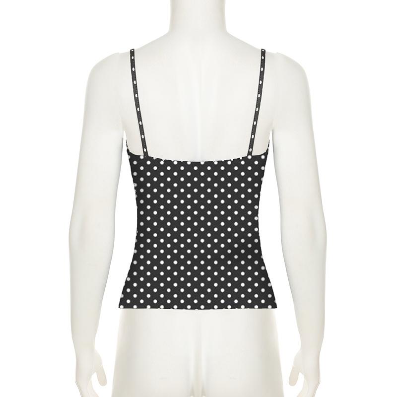 Women's Lace Patchwork Bow Polka Dot Halter Spice Girl Color Contrast Sexy V Neck Waist Vest Top