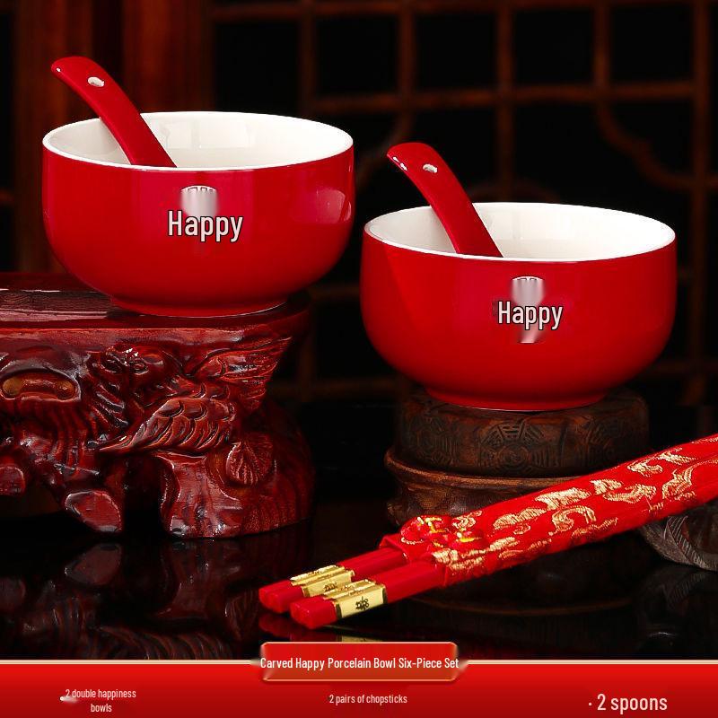 Red Wedding Bowls & Chopsticks Set - Bride's Dowry