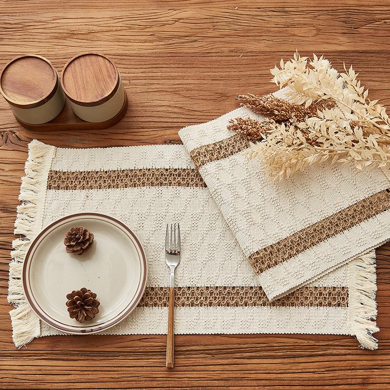 Simple woven tassel American cotton and linen square splicing natural material placemat table mat holiday decorative hemp rope