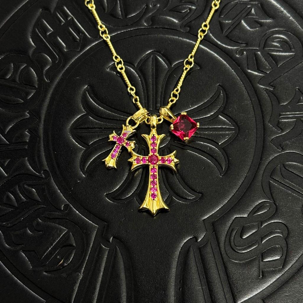 Chrome Hearts Retro Distressed Double Cross Square Pendant Necklace - Unisex Fashion Accessory