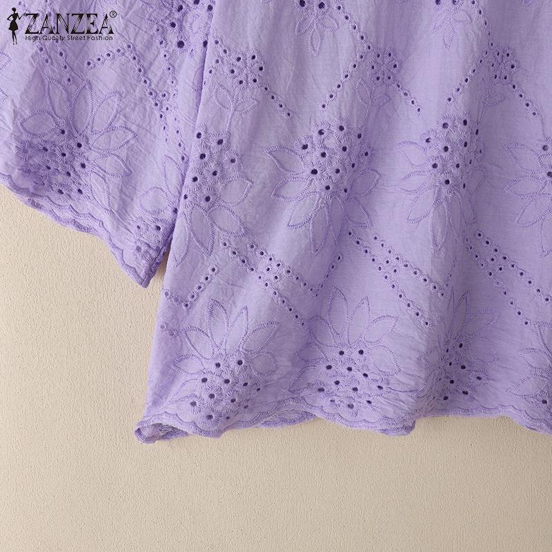 ZANZEA Dámská ležérní kulatý výstřih s krátkým rukávem a krajkovou výšivkou, letní halenka