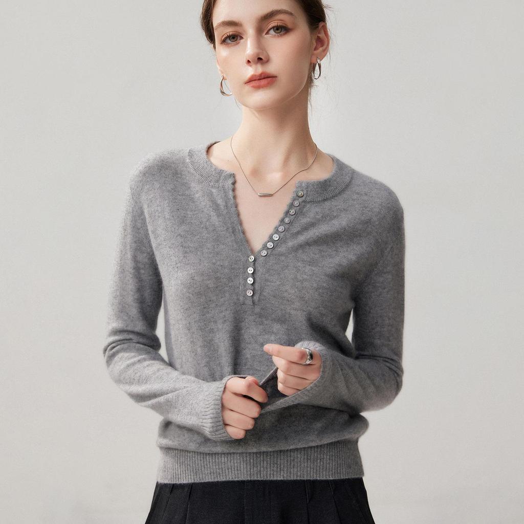 Women's Cashmere V-Neck Multi-Button Sweater - Slim Fit, Loose Knit, Base Layer