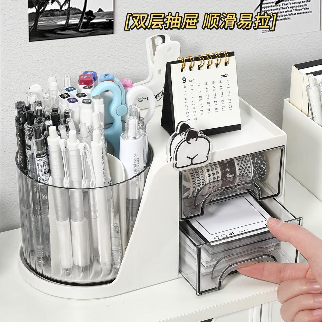 Rotating Pen Holder Large Capacity Desk Organizer with Drawer 360° Spinning Pencil Stand for Office School Home