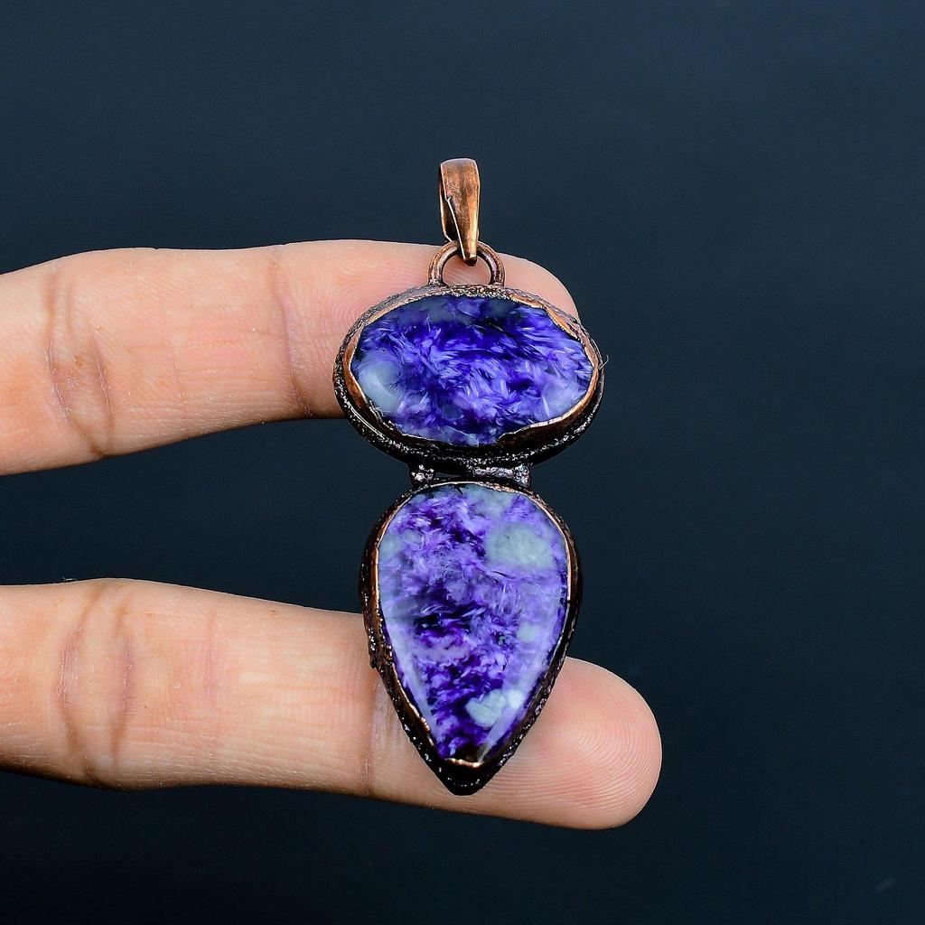 Charoite Handmade Gemstone Pendant, Copper Electroformed Pendant Antique Jewelry, For Engagement Gift