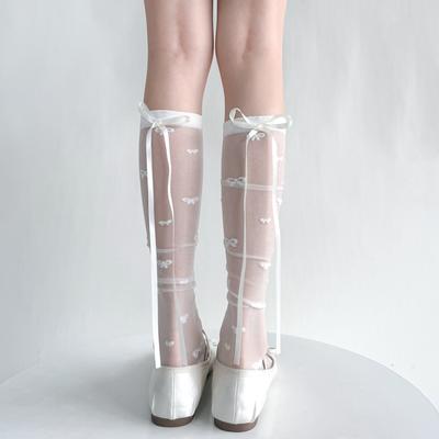 Crystal Silk Socks Women Stockings JK Sweet Girls Bandage Bow Knee Socks Cute Bowknot Ultra-thin Transparent Nylon Long Socks