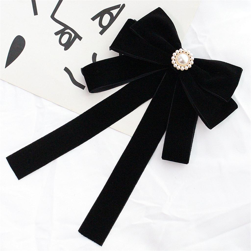 Elegant Women's Velvets Bows Tie Brooch Pin Pre Tied Bowknot Necktie with Rhinestones and Pearls Decors for Formal Event