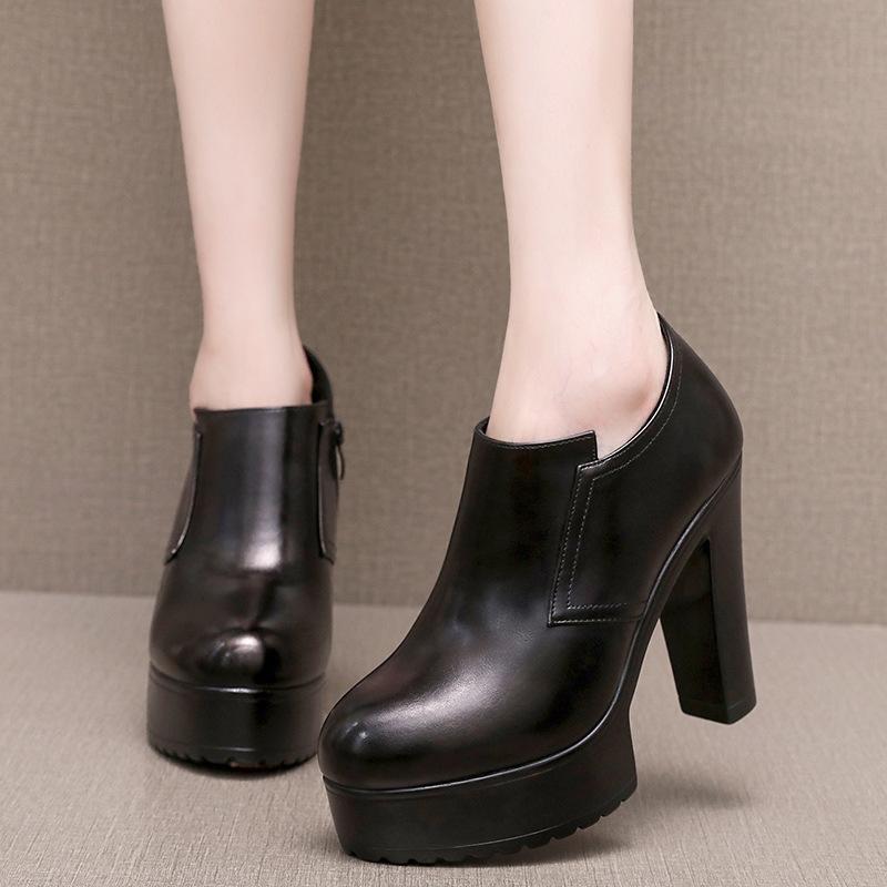 12cm Malá Velikost 32-43 Hluboký Výstřih Boty z Měkké Kůže Platformové Lodičky Podzim Zima Blokový Vysoký Podpatek Boty s Kožešinou Kancelářský Model