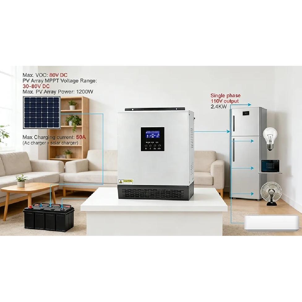PowMr 24V 2.4KW Hybrid Solar Inverter 110V Pure Sun Wave Inverter Max PV 80V Bulitin 50A PWM Charge Controller for Solar Home