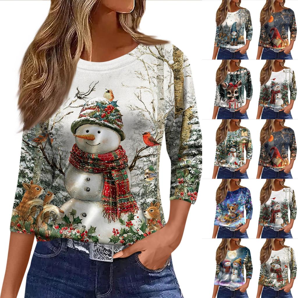 Dame Mote Casual Trekvartsermet Juleprintet Hals Topp