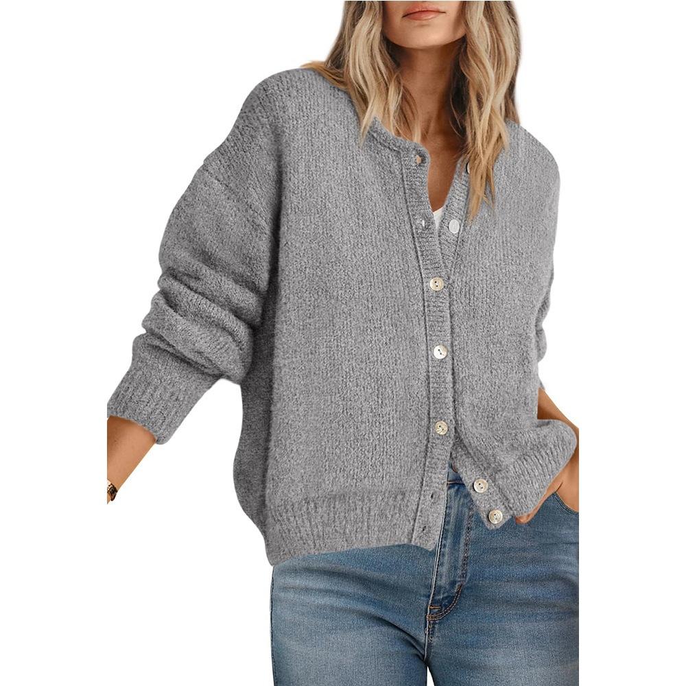 VEZFAA Moda feminina casual outono inverno cor sólida estampa manga comprida gola redonda suéteres