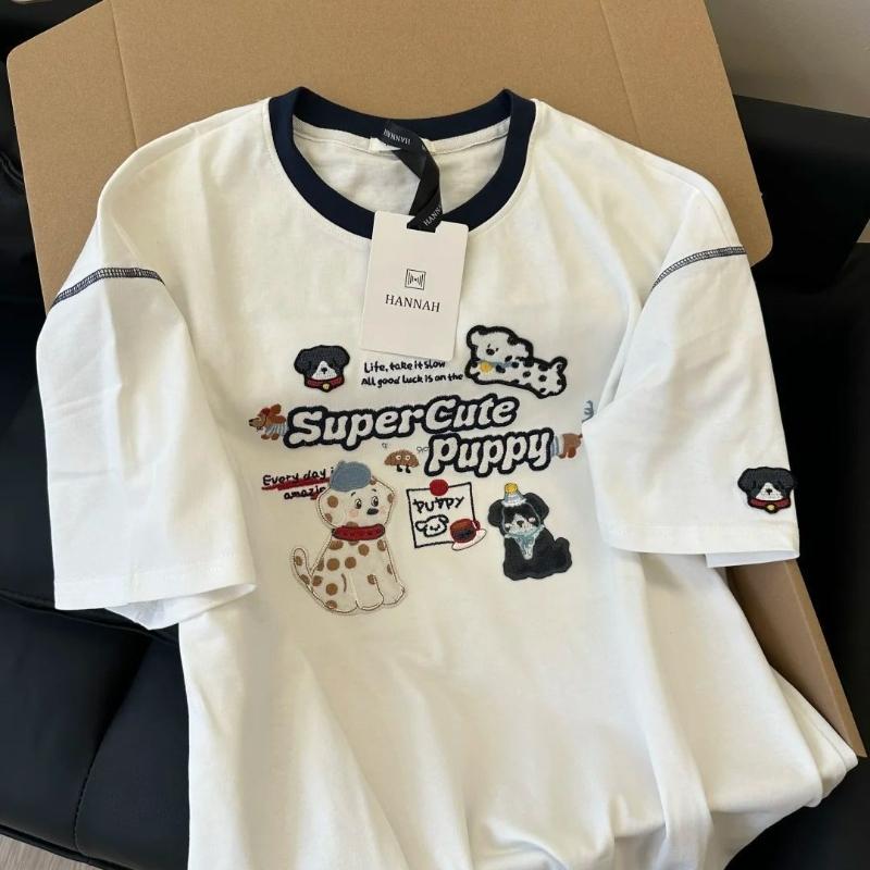 Koreańskie Damskie Koszulki z Krótkim Rękawem Casualowe Oversize z Haftem Kwiatowym Damskie T-shirty Moda Damska Bawełniana Koszulka biała y2k Topy