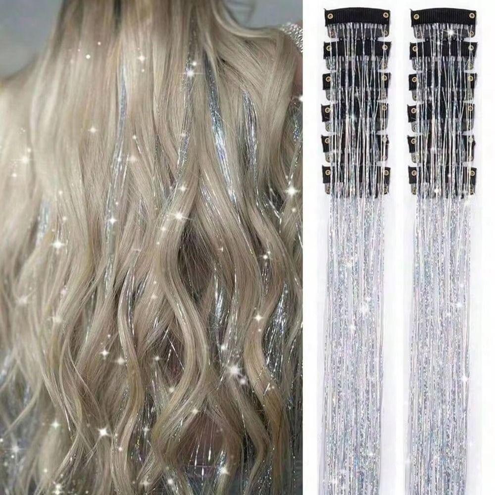 12Pcs Synthetic Hair Glitter Tinsel Hair Sparkle Hair Tinsel Kit Highlights Hair Accessories