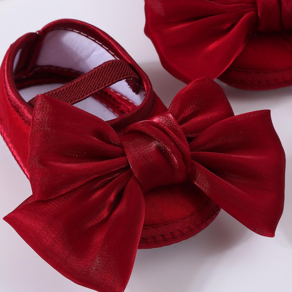 Lovely Baby Girls Shiny Baptism Shoes Headband Newborn Cute Bowknot Mary Jane Flats Set Children First Walker Flat 0-12 Months
