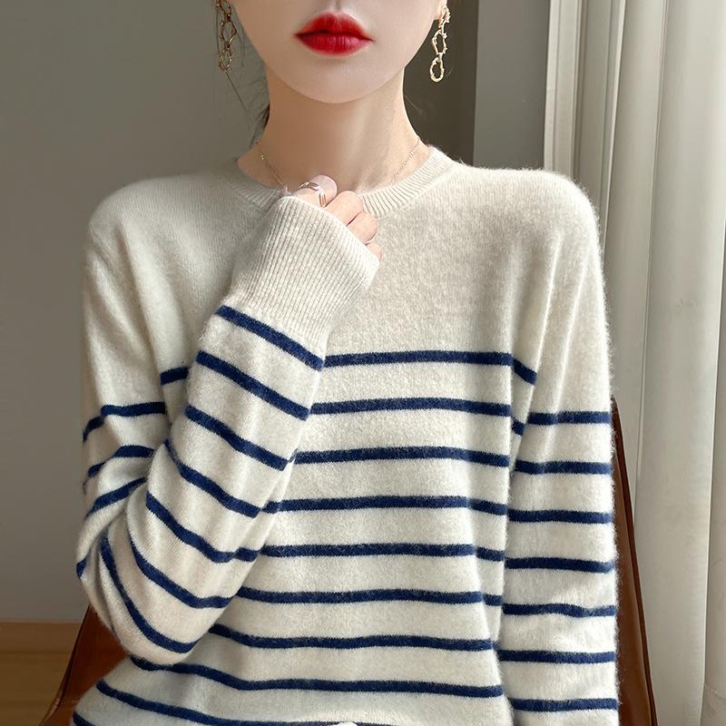 

Кардиган в полоску с круглым вырезом для женщин на осень и зиму. Новый модный и универсальный, приятный к коже и теплый кашемировый вязаный базовый свитер. XXL