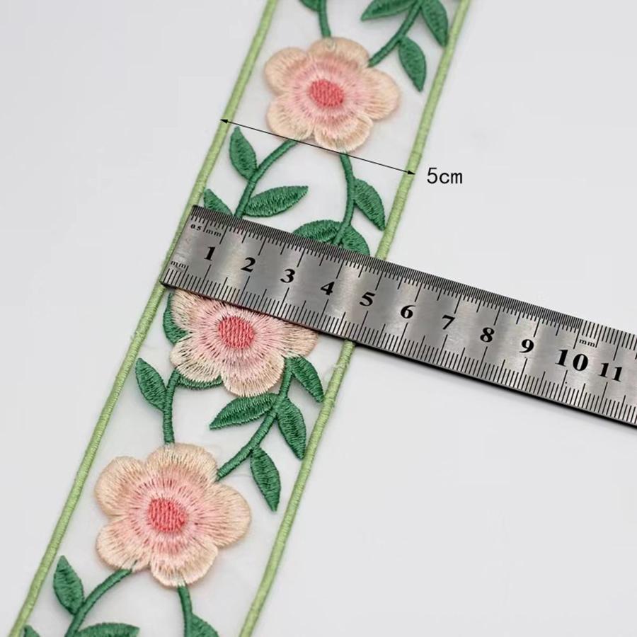 1Yard Pink Green Leaves Flower Lace Fabric DIY Clothes Embroidered Lace Trim Accessories