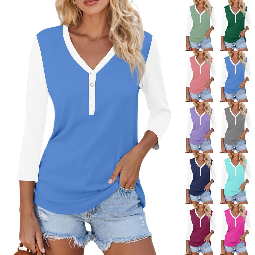 Women's Casual Fashion Sexy Comfortable V-neck Button Stitching Color Three-quarter Sleeve Top